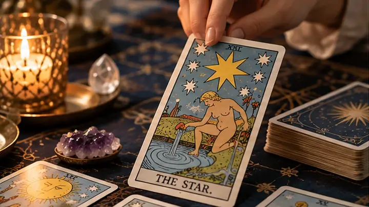 手持偉特塔羅的星星牌，桌上有燭光與紫水晶